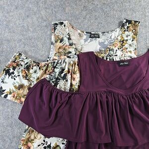 Set of 2 Star Vixen Womens Cold Shoulder Tops Short Sleeve Blouse Floral & Wine